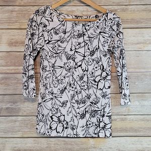 Loft Black and White Floral Cotton Casual Top XS